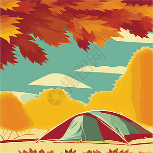 普什卡湖秋天 在山的早晨风景 在群山的衬托下 在大自然中独处 周末在帐篷里假期男人卡通片手提箱背景林地季节插图旅游植物学设计图片