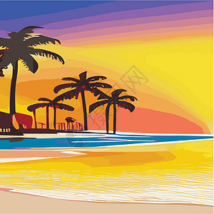 日落海滩复古棕榈树海滩 具有阳光渐变的抽象背景 棕榈树剪影卡通平面全景景观 日落与棕榈树彩色背景暑假 日出或日落卡片天堂插图阴影异国蓝色设计图片