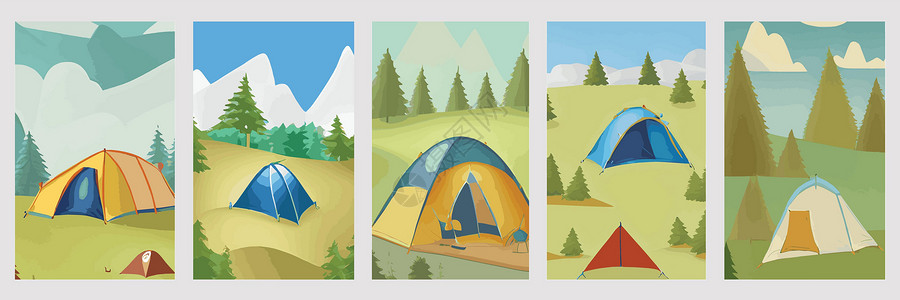 在森林里远足在森林空地上带帐篷的露营景观 在松林草丛中的帐篷 夏季露营的性质 生态旅游 户外休闲概念 矢量图 一组垂直海报旅游工具营火草图生设计图片