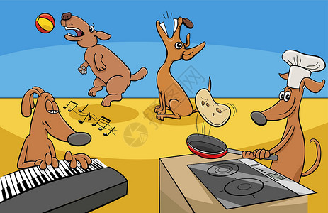 抱着球狗有趣的卡通漫画狗漫画角色组哺乳动物平底锅尾巴音乐微笑钢琴家快乐收藏吉祥物插图设计图片