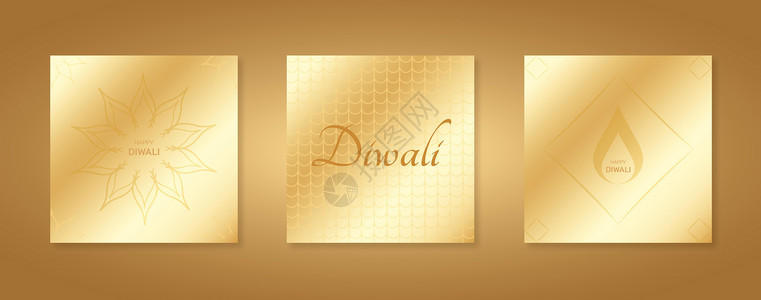 快乐的迪瓦利贺卡套装 印度灯节邀请信模板有花朵 纹理 火 柔软的蜜蜂和金色奢侈品设计图片