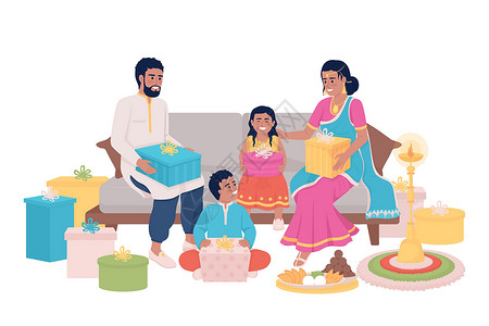 女儿送爸爸礼物以Diwali半平板彩色矢量字符交换家庭礼物设计图片