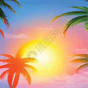 鱼缸底沙棕榈树 以80年代风格的底底坡度太阳为颜色 合成波和回溯波样式 橙色休息天空海滩丛林橙子假期海洋森林蓝色日落设计图片