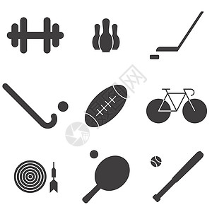游戏棒以体育 游戏为主题的矢量插图球棒赛车高尔夫球健身房网球重量桌子车轮球拍运动设计图片
