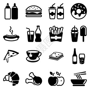 有害垃圾定义一组简单的图标 主题为快餐 饮料 咖啡厅 酒精 餐厅 糖果 有害食品 美食广场 矢量 套装 孤立在白色背景上的黑色图标设计图片