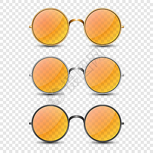 矢量 3d 逼真圆框眼镜套装 带橙色玻璃隔离 男女透明太阳镜 配件 光学 镜片 复古 时尚眼镜 正视图太阳面具验光师眼睛圆圈配饰设计图片