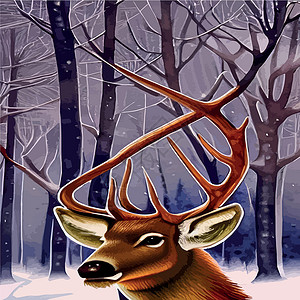 酸角树景观与黑暗的冬天北部森林和野鹿肖像 矢量图 北方的野生动物麋鹿墙纸卡通片明信片艺术场景土地荒野松树贴纸设计图片