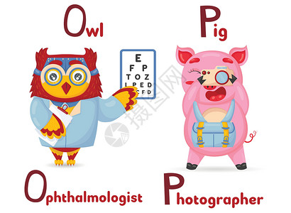 字母字体ABC Latin字母动物职业 从信天翁眼科医生和用卡通风格的猪摄影师开始设计图片