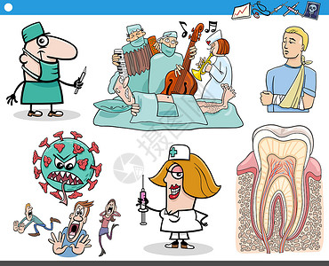 穿手术服的外科医生形象健康漫画和医学专题和角色集卡通 卫生与医疗主题和人物集职员病人漫画卡通片医生保健女士男人手臂护士设计图片