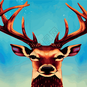 长角鹿驯鹿肖像 特写 矢量图 北方的野生动物 在风景的鹿头树木卡通片木头艺术场景动物宠物假期尾巴公园设计图片