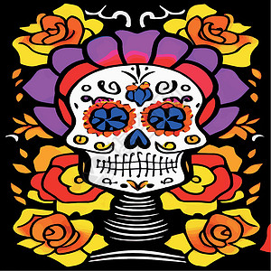 墨西哥有糖头盖骨的墨西哥人 有花纹装饰 校对 Portnology假期花束装饰品颅骨艺术橙子文化工艺戏服打印设计图片