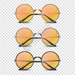 矢量 3d 逼真圆框眼镜套装 带橙色玻璃隔离 男女透明太阳镜 配件 光学 镜片 复古 时尚眼镜 正视图橙子面具眼睛验光师药品收藏设计图片