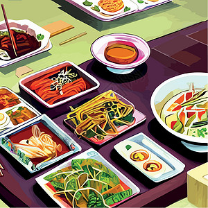 新盘开市亚洲食物刻在桌子上 面盘放在风景最顶端 食品菜单设计配熟面条矢量厨房明信片框架美食新年烹饪横幅鸭子盘子餐厅设计图片