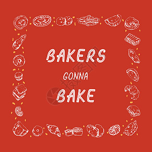 直播糕点引人取笑的灵感引文 手边绘着面包机物品架子上的贝克斯·巴克 印刷品矢量草图设计图片