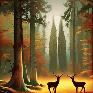 春天麋鹿与树北冰洋野生动物 现实的矢量 北极风景与北部黑暗森林和野鹿 病媒图示动物哺乳动物季节卡通片松树插图乡村公园海报标识设计图片