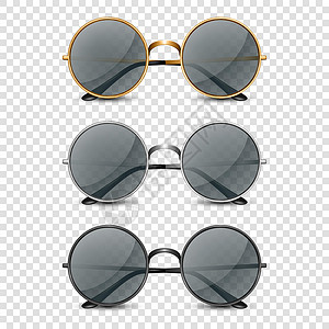 矢量 3d 逼真圆框眼镜套装 黑色透明玻璃隔离 男女太阳镜 配件 光学 镜片 复古 时尚眼镜 正视图设计图片