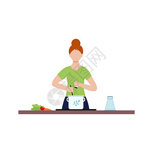 在厨房做饭的人们一位家庭主妇在锅里准备汤 一位年轻女性从事烹饪 用平板风格的矢量字符设计图片