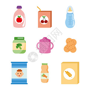 泥胡菜给一个小孩吃的各种婴儿食品食物奶嘴水果稀饭贴纸奶粉饼干孩子们维生素果汁设计图片