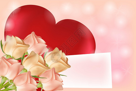 红色大玫瑰一束粉红色和米色玫瑰 一颗大红心和一张粉红色背景上的签名卡片 情人节的概念 矢量图像设计图片