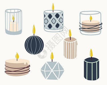 烛台和蜡烛一套燃烧的香香蜡烛假期强光石蜡火焰卡通片烛光周年照明剪贴烧伤设计图片