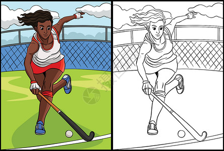 曲棍球女孩字段曲棍球颜色页面彩色说明设计图片