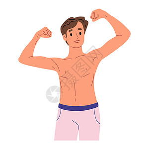 运动短T运动服的健壮的人 男人展示肌肉 健康的生活方式 运动的身体 平面矢量图设计图片