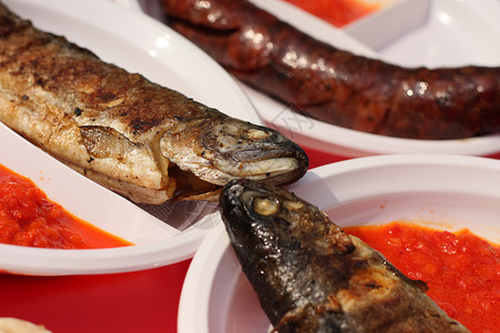 鱼 白色的 红色的 食物 酱 宴会背景图片