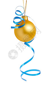 圣诞节装饰 装饰品 黄色的 丝带 假期 蓝色的背景图片