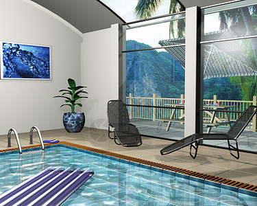 池池屋 玻璃 窗户 热带 夏日的 躺椅 液体图片