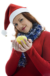 有着苹果的美丽女人 购物 微笑 红色的 假期 女士背景图片