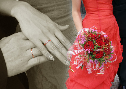 结婚戒指和婚礼花束背景图片