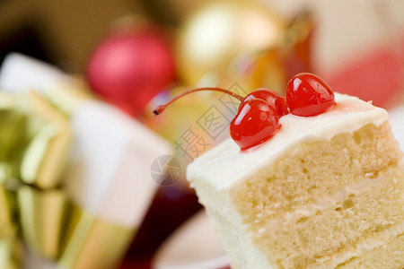 美味的蛋糕和樱桃 圣诞节 可口 白色的 用餐 庆典背景图片