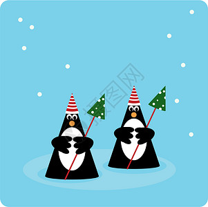雪地环境中的两只企鹅 有圣诞树背景图片