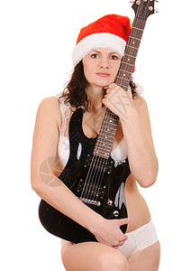 带吉他的桑塔拍手 女士 幸福 假期 胸罩 微笑 圣诞节背景图片