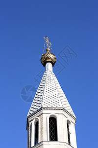 蓝色俄罗斯中部东正教堂金圆顶的金色蓝面背景图片