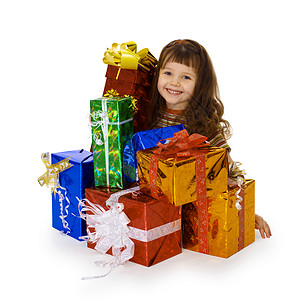 快乐的孩子和大堆的礼物背景图片