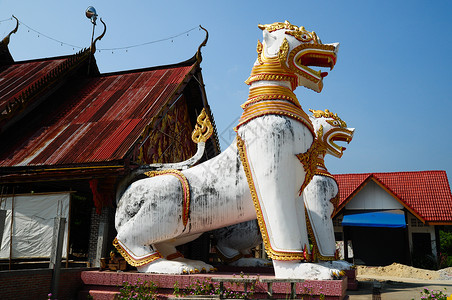 古老的守护神狮子雕塑 在塔伊兰寺庙前 佛教徒图片