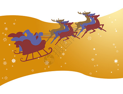 奔跑圣诞鹿圣诞老人在雪橇上 金色的天空里有雪花背景
