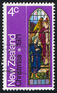 彩色邮票彩色玻璃窗 与天使和女人相视背景