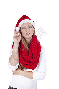 带着红围巾和圣诞帽的年轻美女 织物 乐趣 享受背景图片