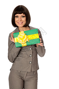 绿箱 黄弓作为礼物 小贩 营销人员 购物 手 助手图片