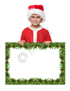 带着圣诞海报的男孩 新年 抓住 帽子 问候语 男生 假期背景图片