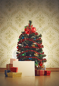 圣诞树 木地板 礼物 礼物盒 美丽的 圣诞球背景图片