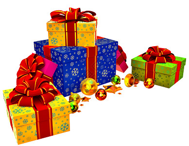圣诞树玩具和带红弓的礼物 摇晃 宏观 展示 纸背景图片