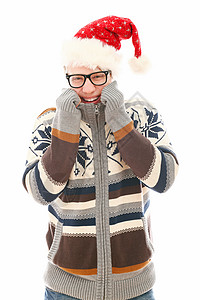 戴着圣诞帽子戴眼镜的有趣男人 季节 圣诞老人背景图片