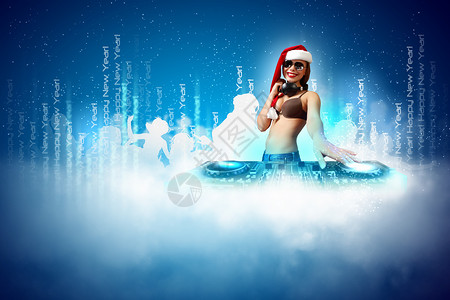 圣诞节时女性穿戴的DJ 圣诞老人 舞蹈 夜店 成人 音乐背景图片