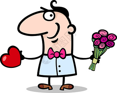 男人有心脏和花花的卡通漫画 问候卡 快乐 爱上背景图片