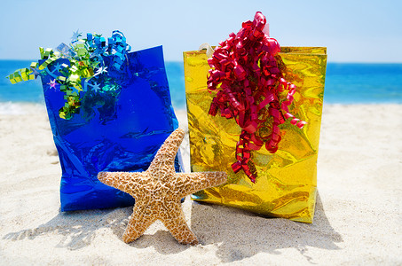 海滩上带礼品袋的海星鱼   假日概念 蓝色的 包背景图片
