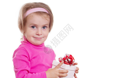 穿粉红色衣服的漂亮小女孩 拿着礼物盒高清图片