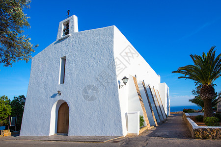 教堂 在巴利阿里的圣何塞 太阳 村庄 棕榈 放松高清图片